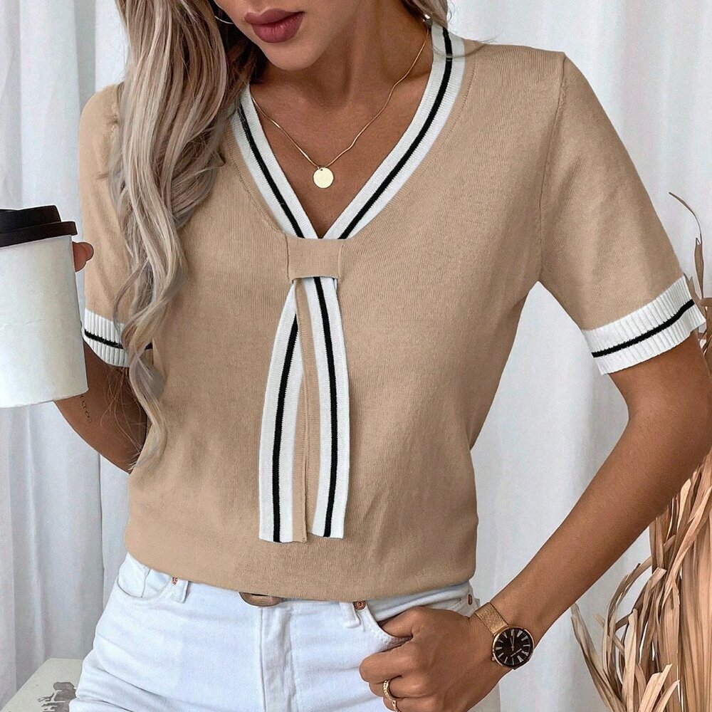 Khaki Casual Women's Contrast Color Striped Short Sleeve Knit Top